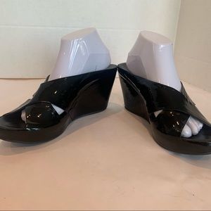 Agl Black Patent Leather Wedge Sandals